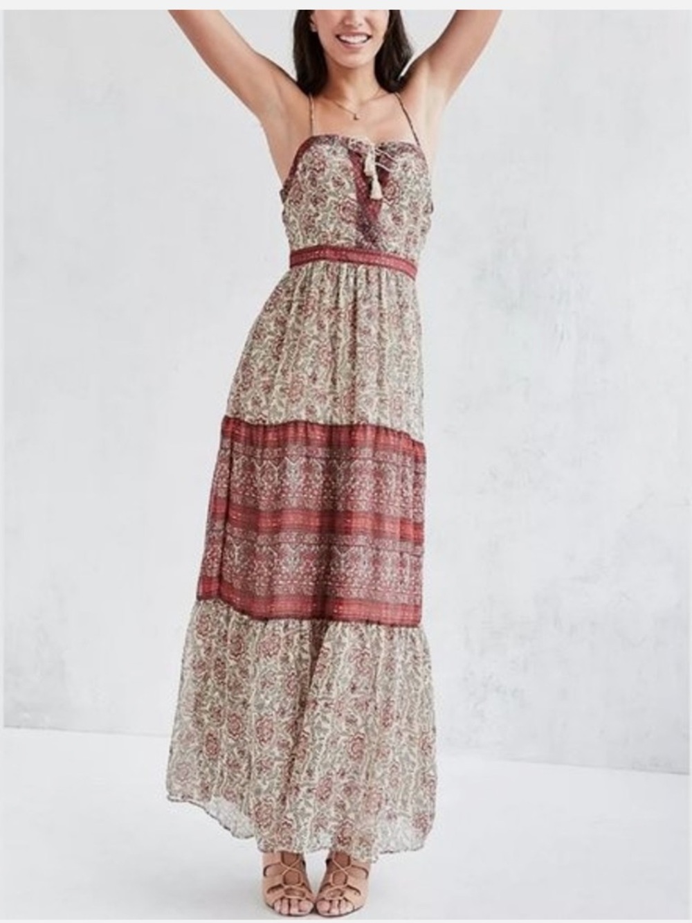 Ecote Cream and Rust Paisley Tiered Maxi Dress with Tassel Straps